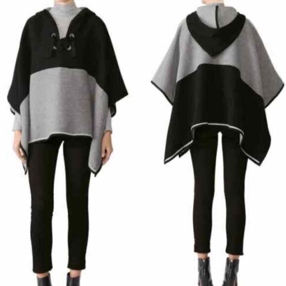 BA&SH Cape Colorblock Poncho Black Grey Lace Up Wool
Blend One Size Hooded - Picture 6 of 9